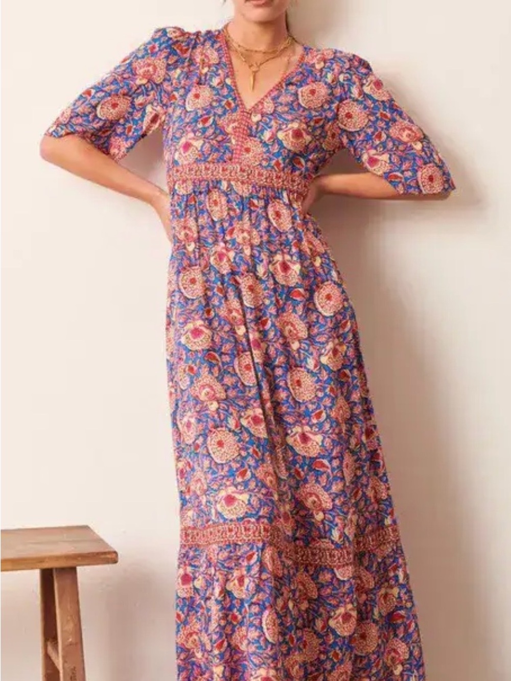 $485 floral V-Neck Vally Maxi Dress in Blue and Pink